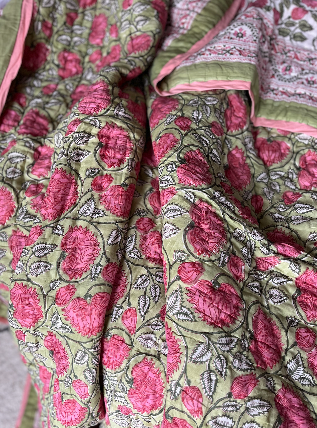 Vibrant Pink & Green Rose Blockprinted Cotton Quilt