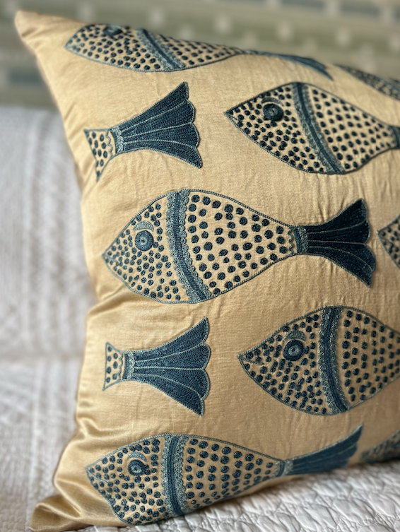Beautiful Blue Fish Silk Suzani Cushion
