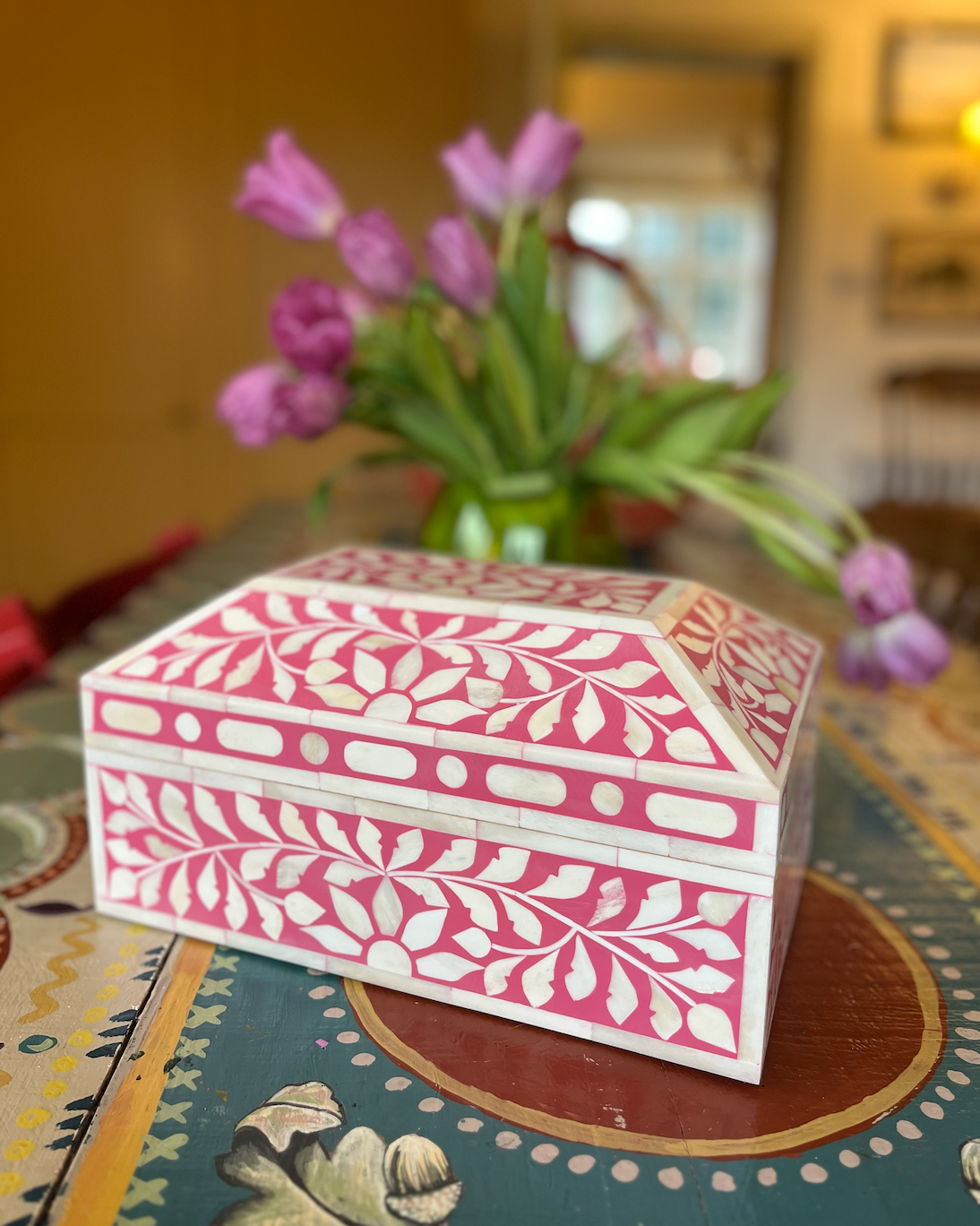 Inlaid Bone Decorative Box with Lid - Various Colours