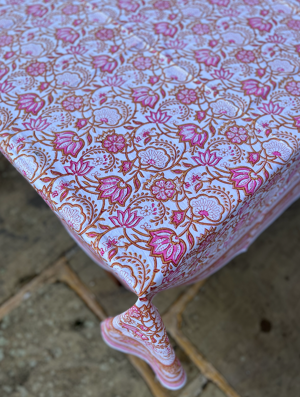 Pink Toned Floral Blockprinted Cotton Tablecloth