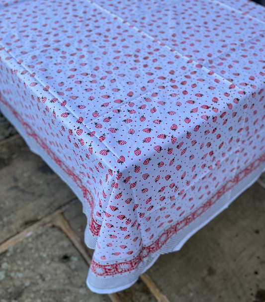 Red & White with Strawberries Blockprinted Cotton Tablecloth