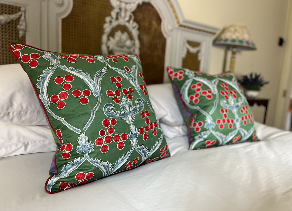 Green, Red & Soft Blue Silk Suzani Cushion with Piped Edge