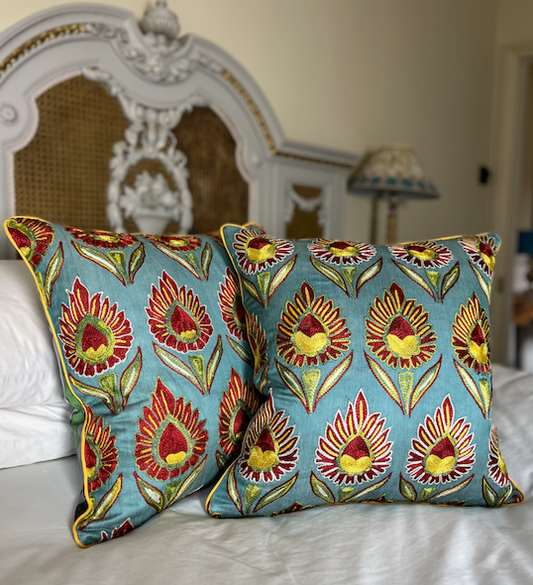 Fabulous Blue, Red & Yellow Flower Silk Suzani Cushion with Piped Edge