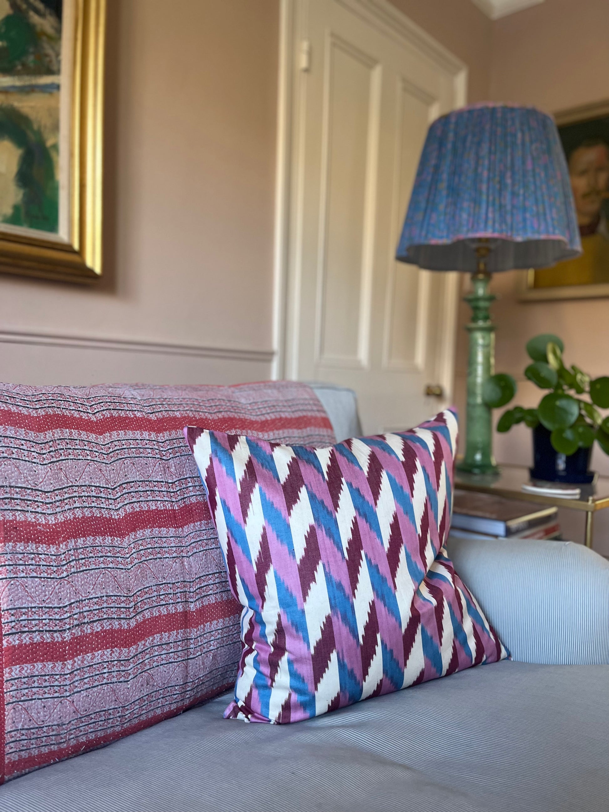Purple Pink White Geometric Cotton Ikat Cushion Sourced By Holly